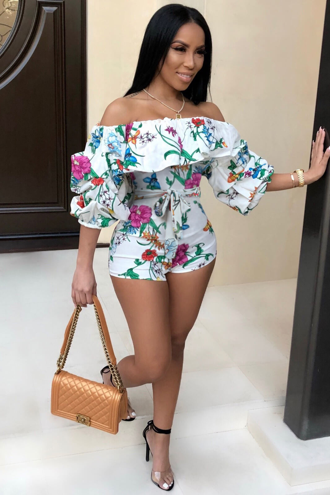 Off Shoulder Floral Rainbow Romper