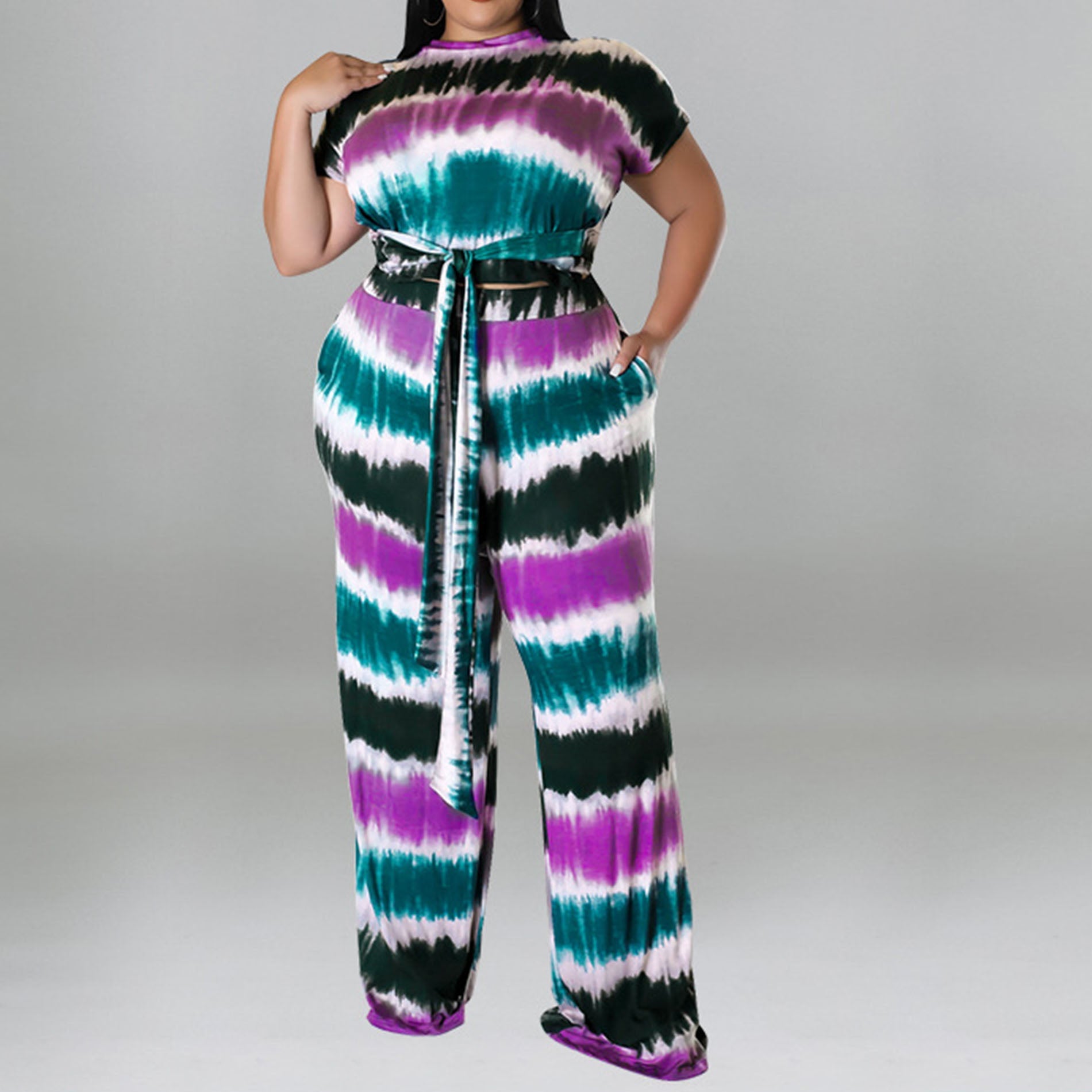 Plus Size Printed Belted Top Wide Leg Pants