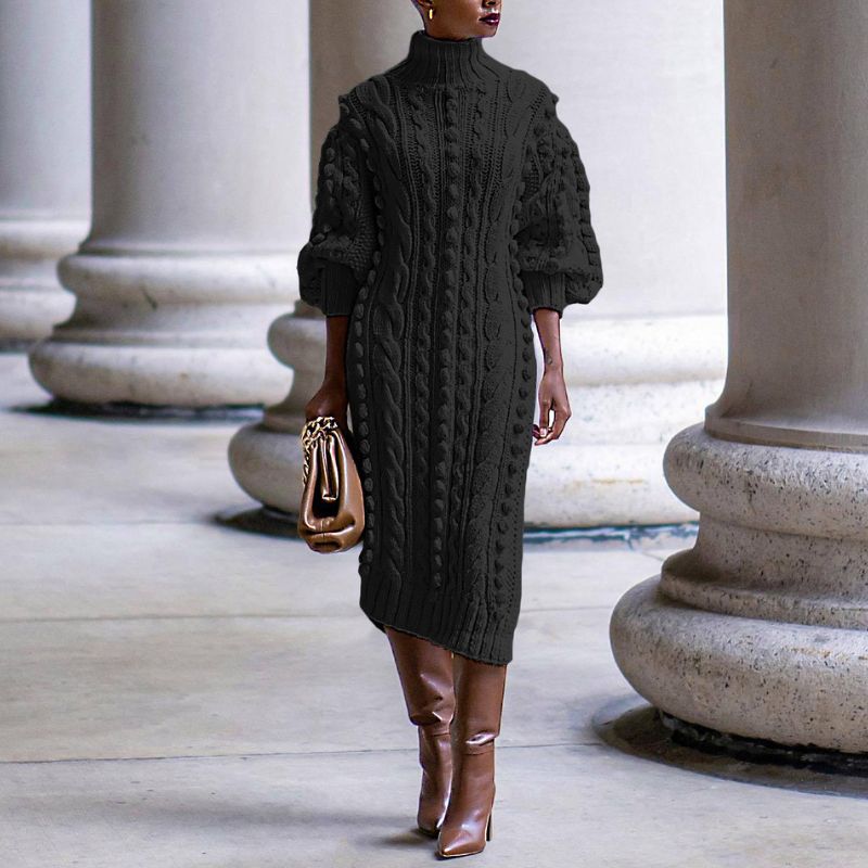 High Collar Slit knit Midi Dress