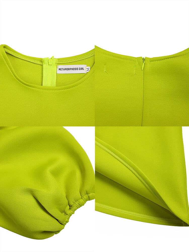 Puff Sleeve Solid Ruched Bodycon Midi Dress