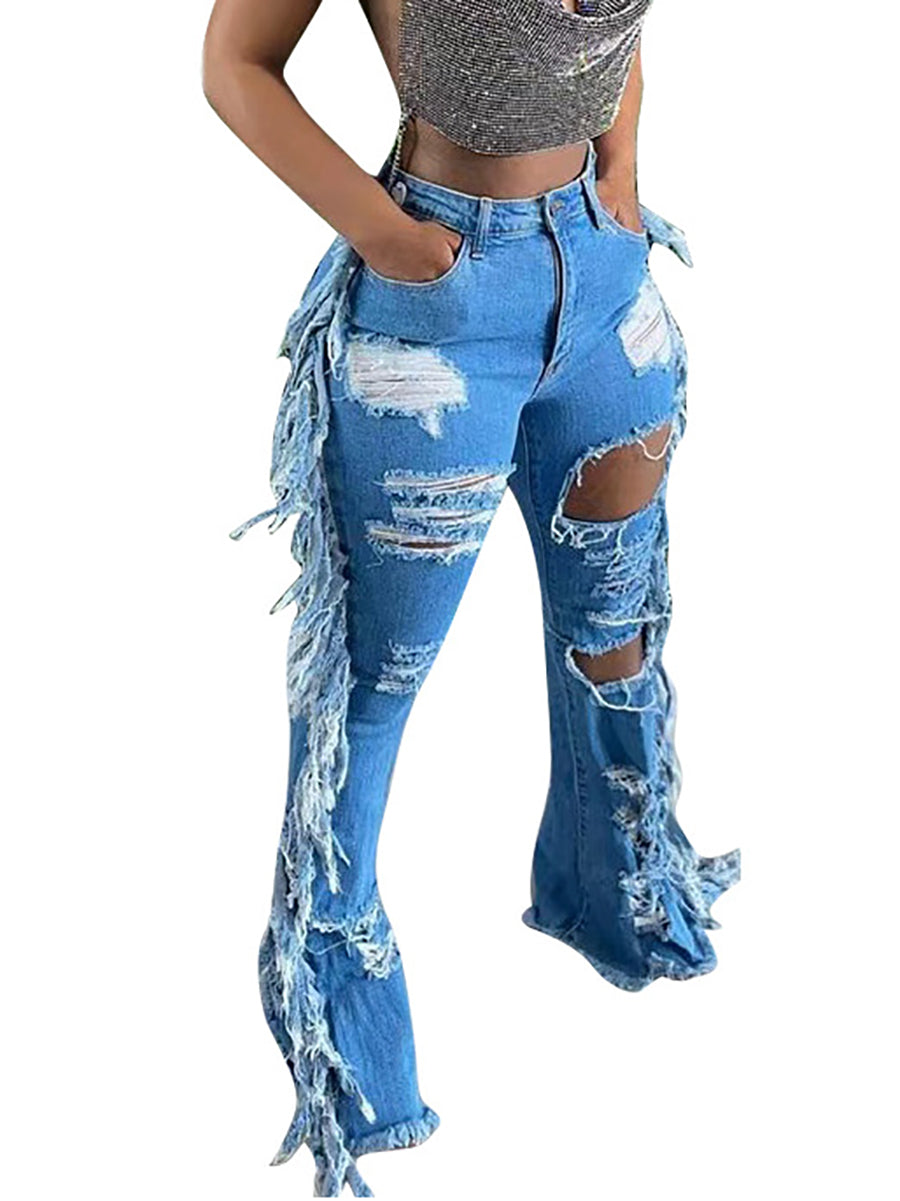 Distressed Fringe Wide-Leg Jeans