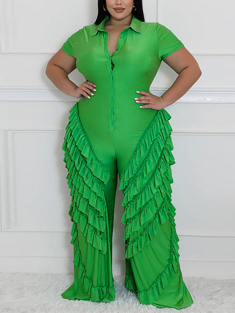 Two Pieces Short Sleeve Ruffle Trim Jumpsuit