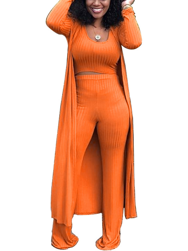 Three Pieces Set Crop Top Long Kimono Cardigan Pants