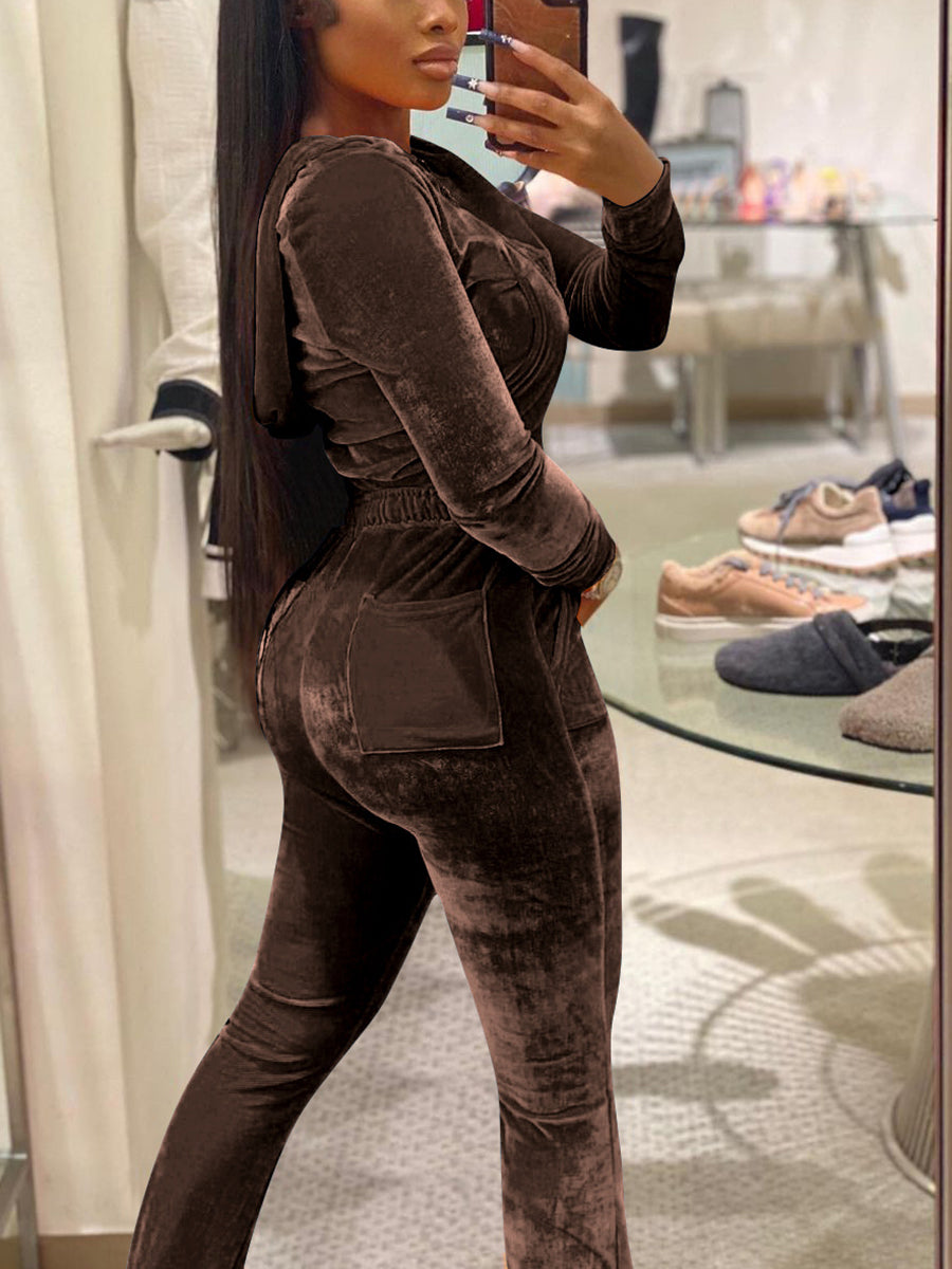 Velour Two Pieces Full Zipper Hooded Tracksuits with Pockets