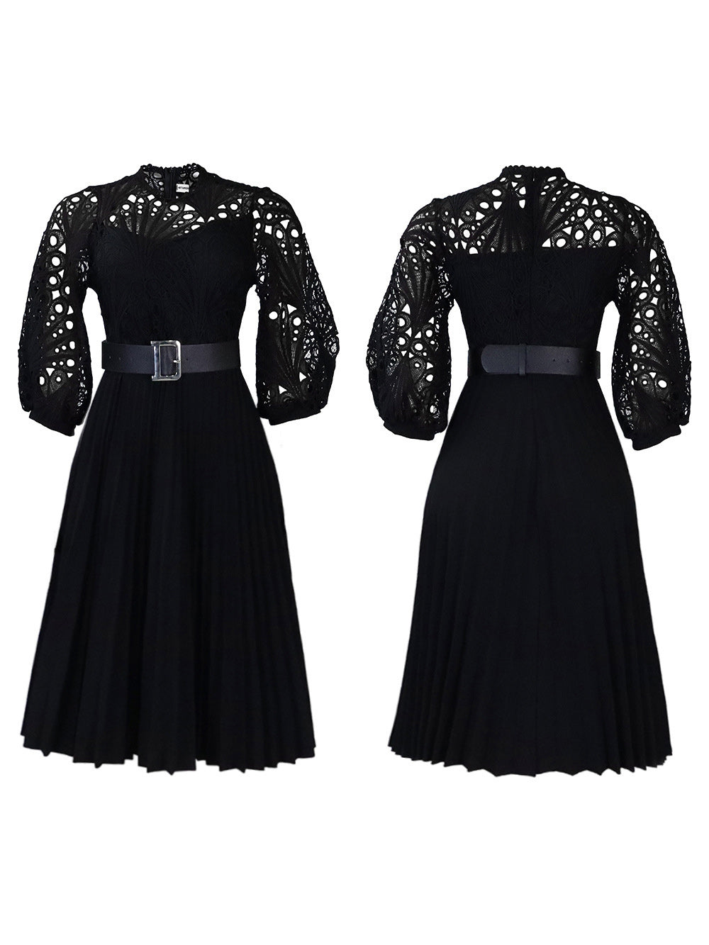 Plus Size Lace Hollow Out Pleated Dress
