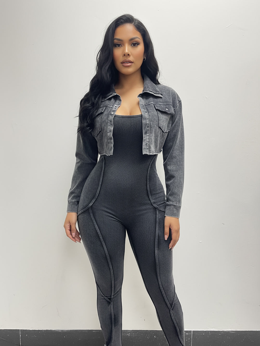 Two Pieces Crop Jacket Jumpsuit Set