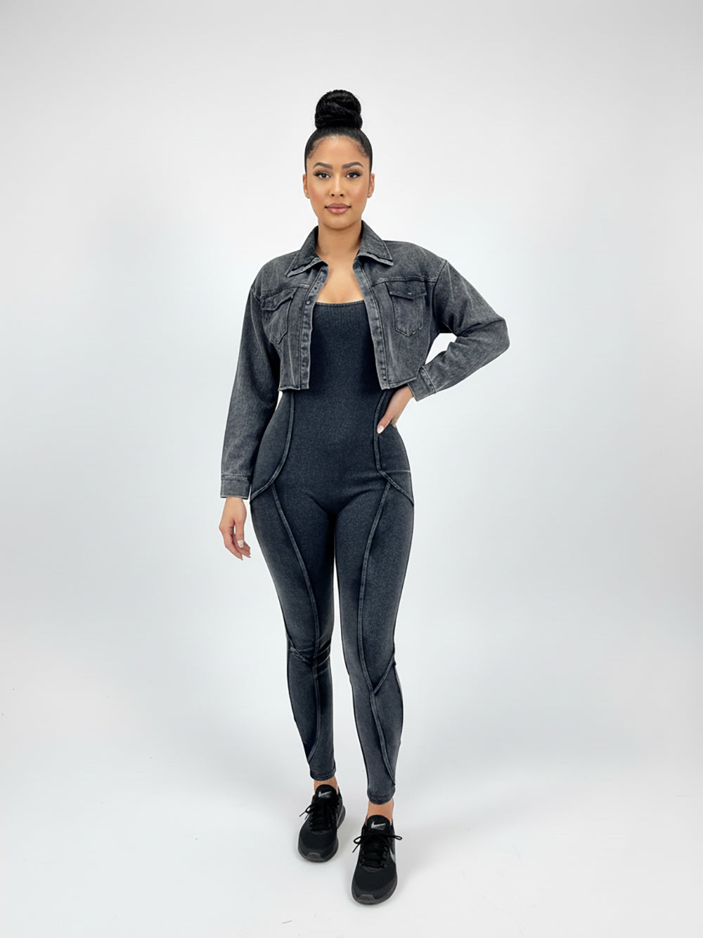 Two Pieces Crop Jacket Jumpsuit Set