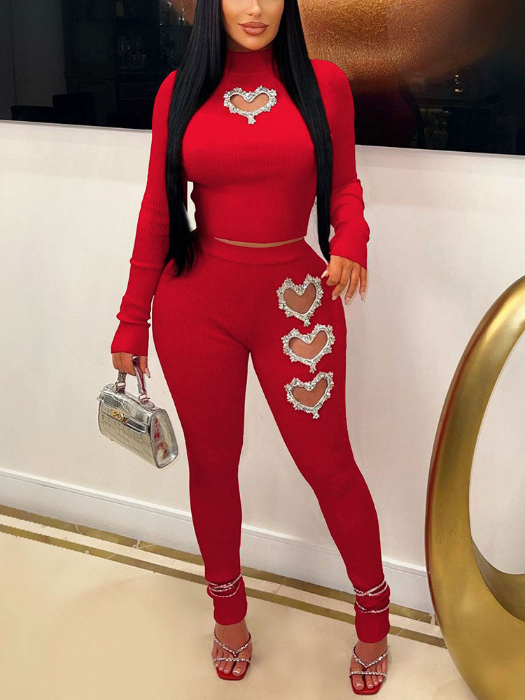 Rhinestone Two-Piece Heart Hollow-Out Pants Set