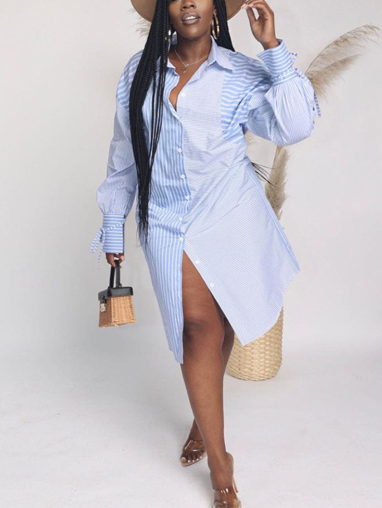 Plus Size Striped Print Shirt Dresses