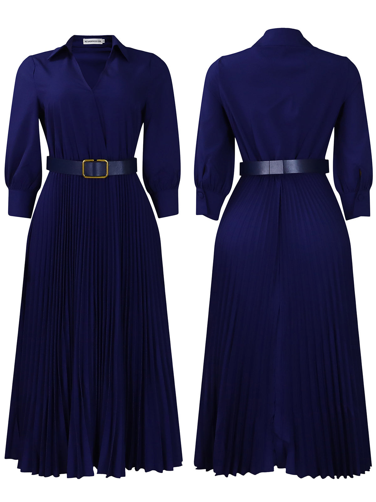Solid Color V-Neck Pleated Dress with Belt