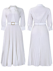 Solid Color V-Neck Pleated Dress with Belt