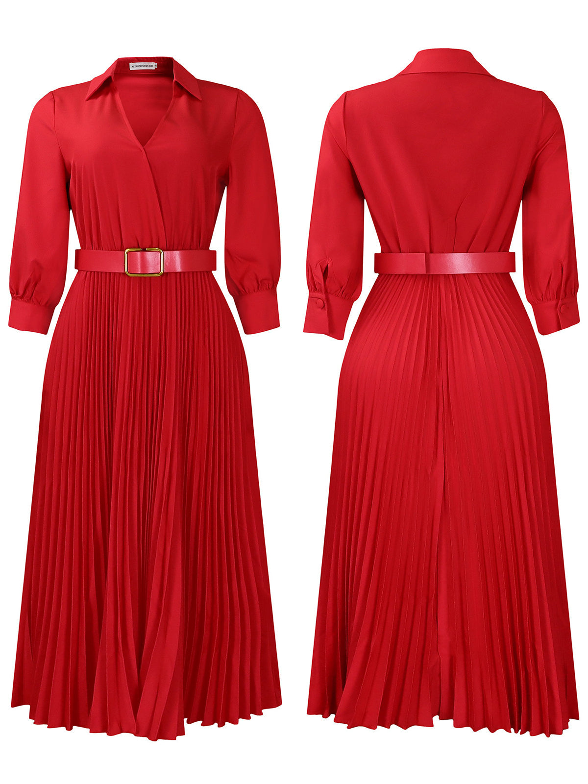Solid Color V-Neck Pleated Dress with Belt