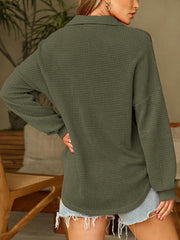 Button Down Long Sleeve Waffle Knit Tops