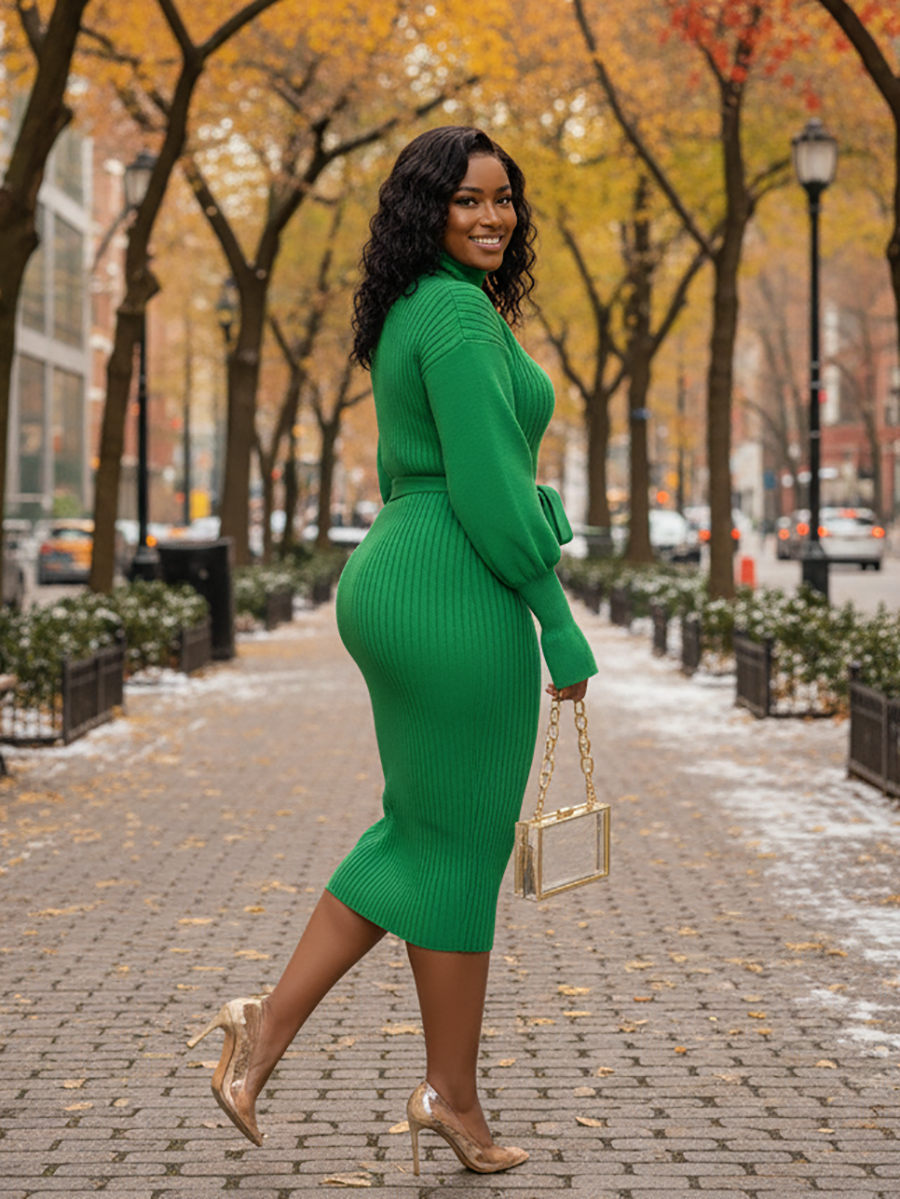 Robe midi en maille côtelée à col roulé et ceinture