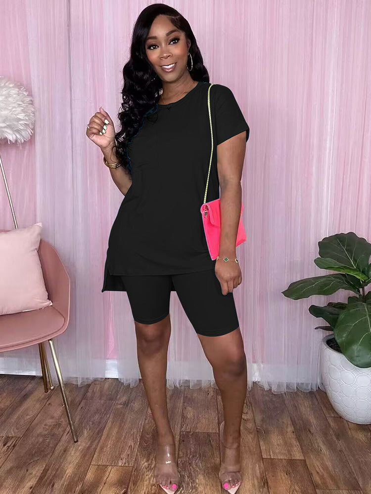 Two Piece Short Sleeve  Skinny Shorts Sets