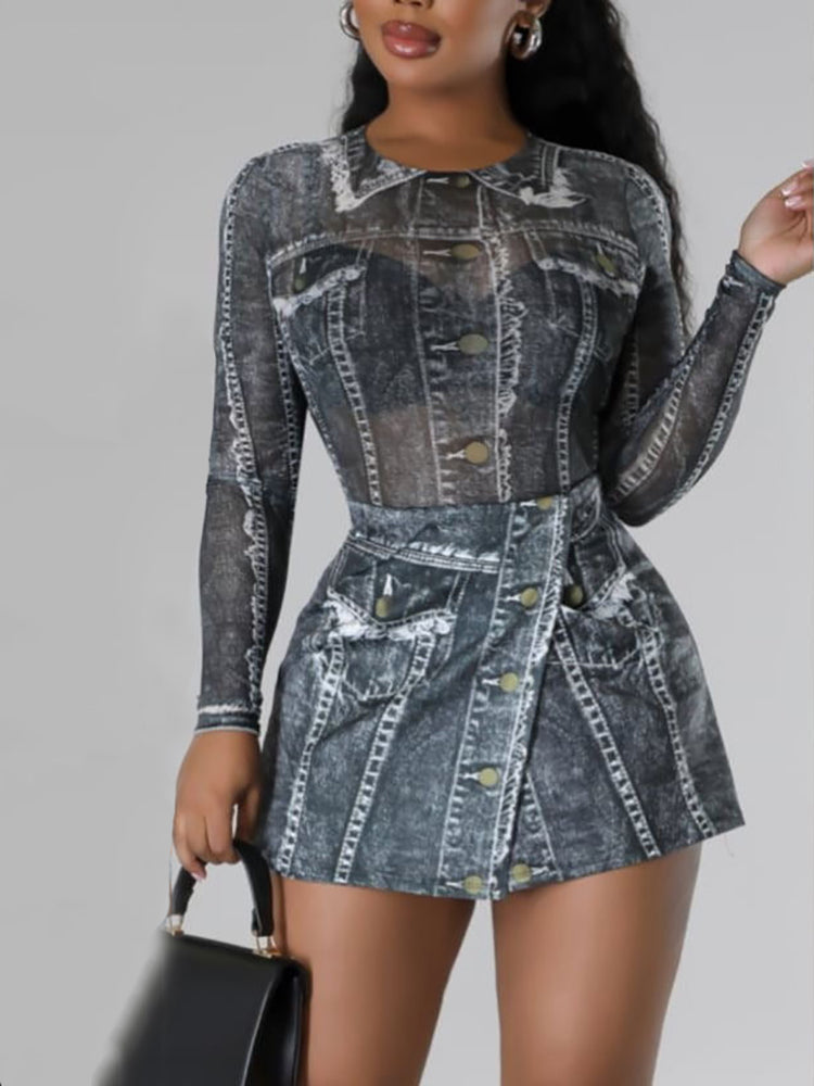 Two-Piece Printed Mesh Top Skirt Set