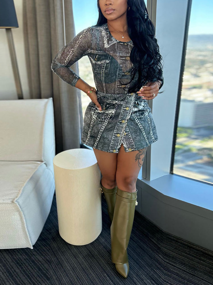 Two-Piece Printed Mesh Top Skirt Set