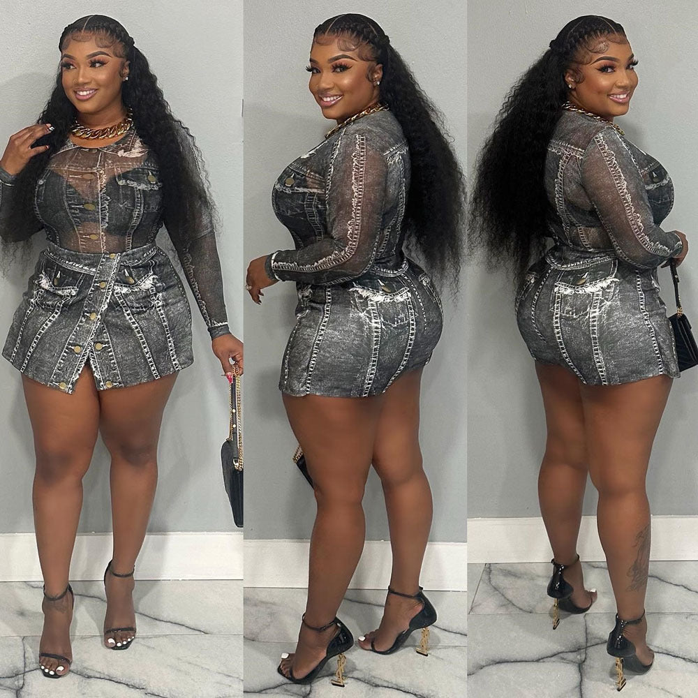 Two-Piece Printed Mesh Top Skirt Set