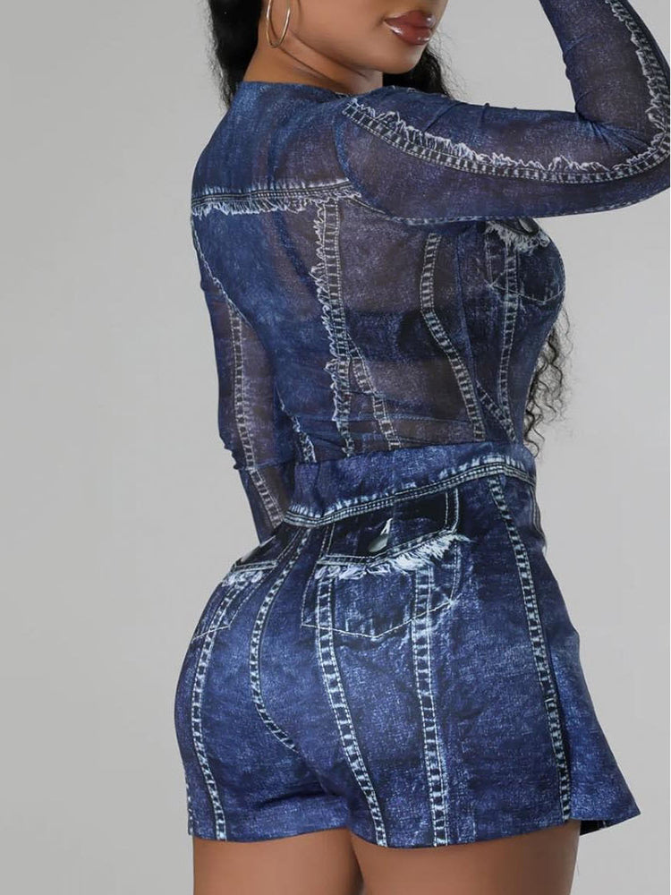 Two-Piece Printed Mesh Top Skirt Set