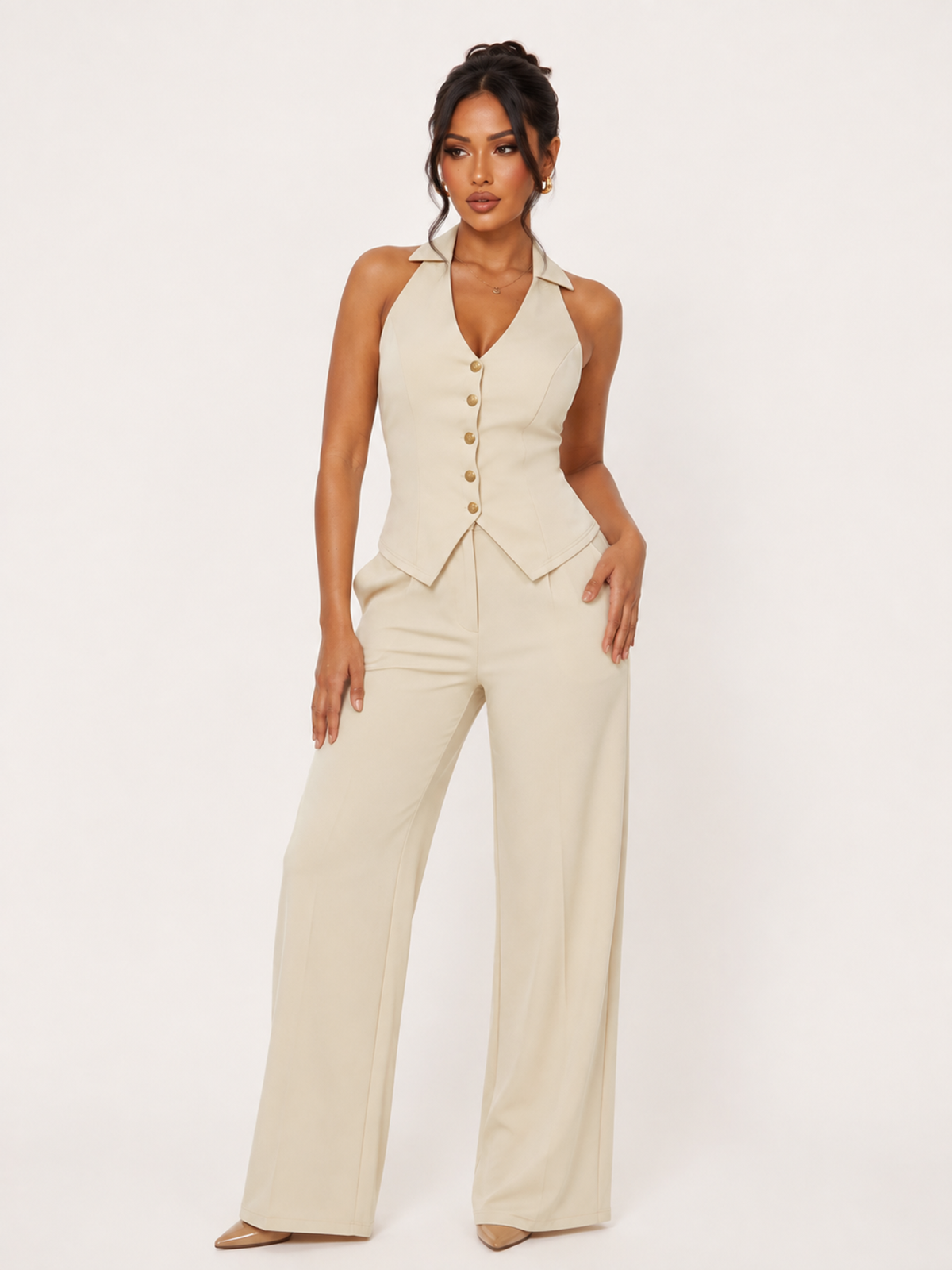 Halter Vest Wide Leg Pants Suit