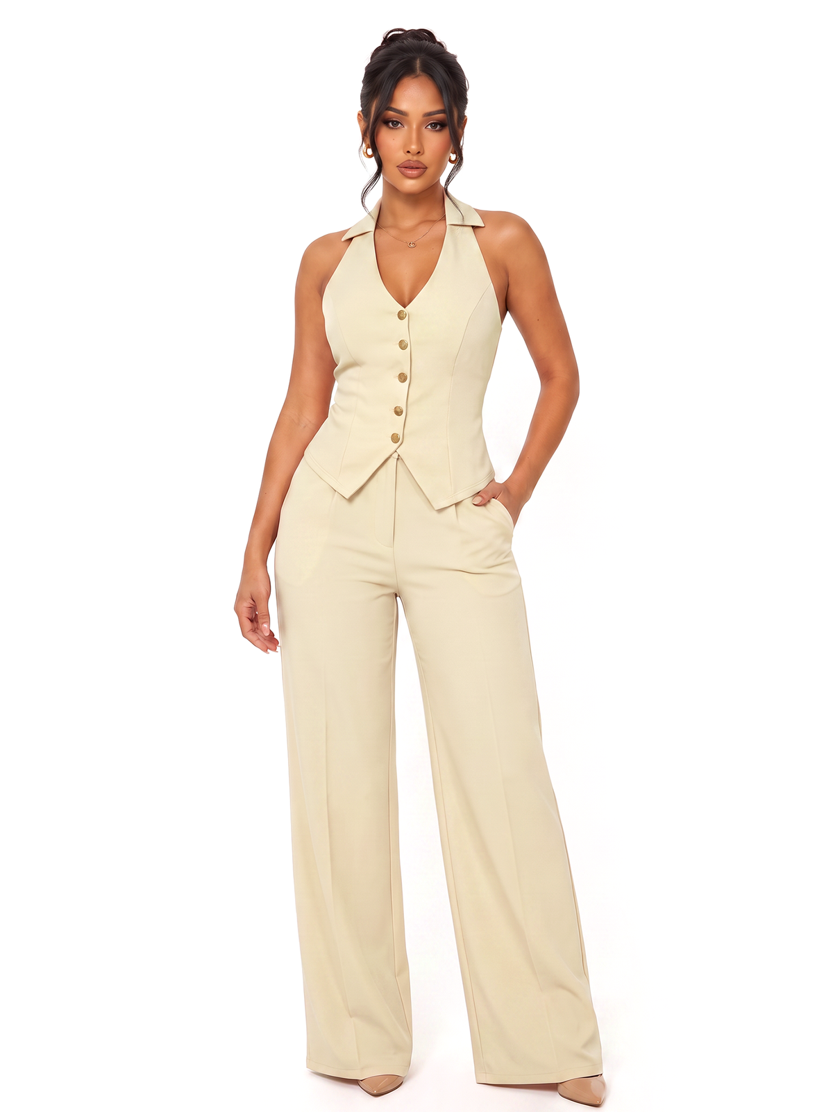 Halter Vest Wide Leg Pants Suit