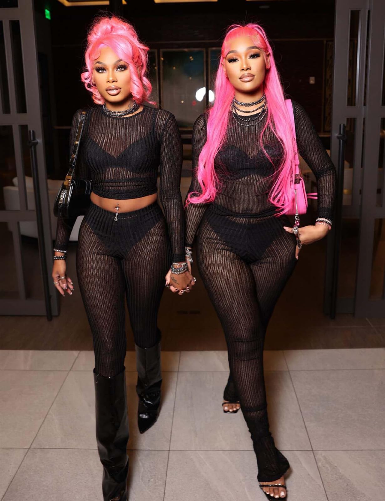 Two Piece Mesh Long Sleeve Crop Top Pants