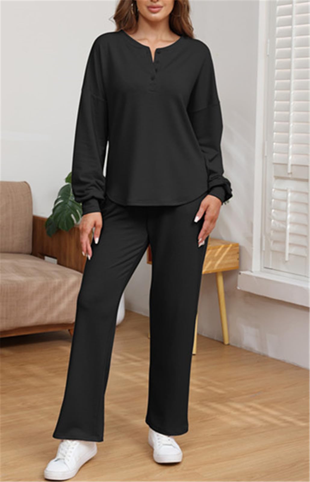 Two Piece Long Sleeve Crop Top Wide Leg Pants