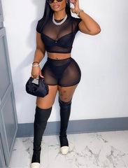 Two Piece Mesh Short Sleeve Top Shorts