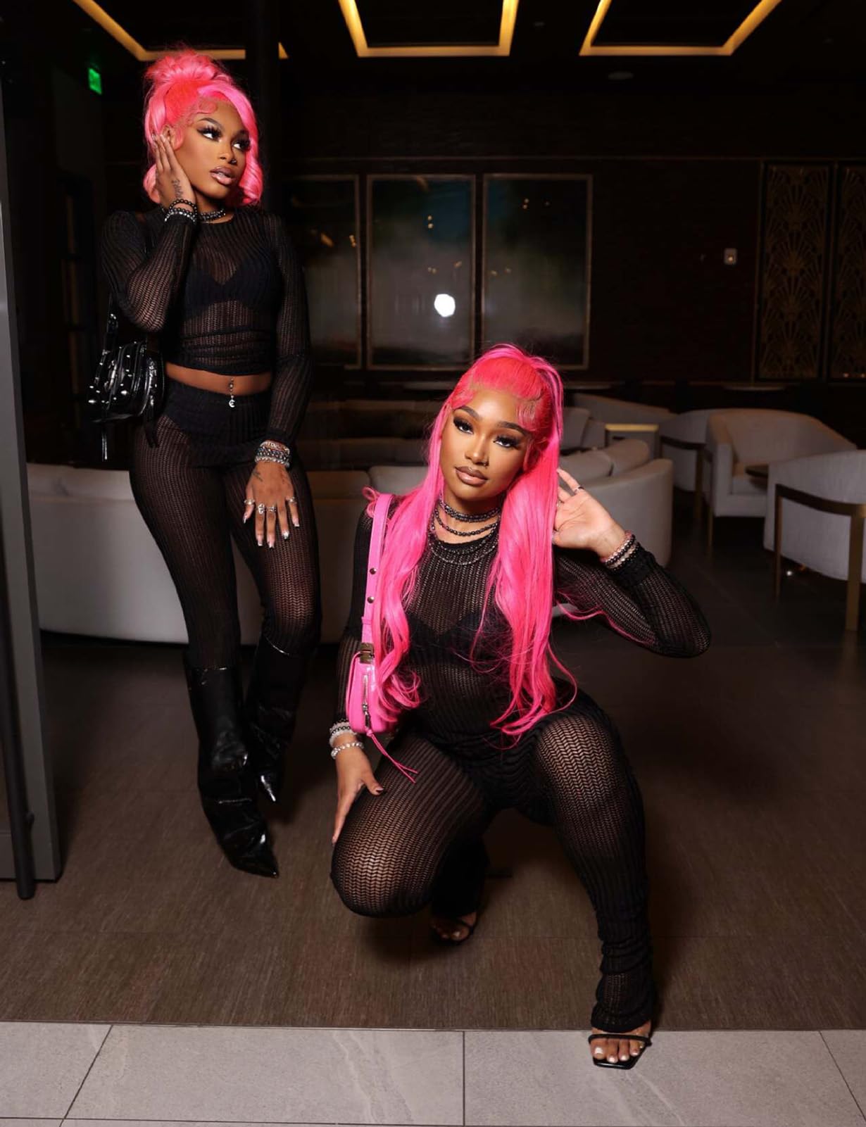 Two Piece Mesh Long Sleeve Crop Top Pants