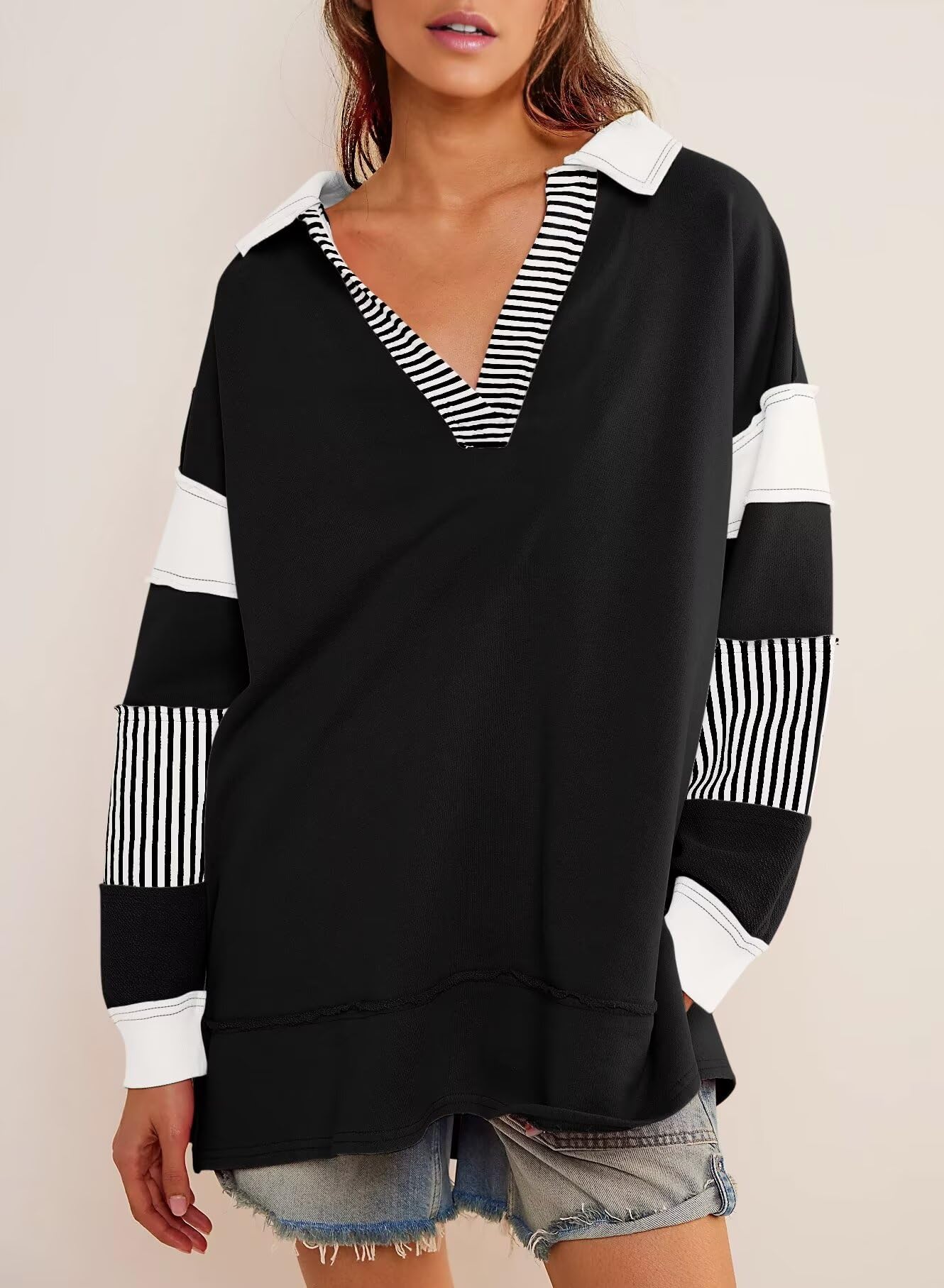 Color Block Long Sleeve Striped Pullover