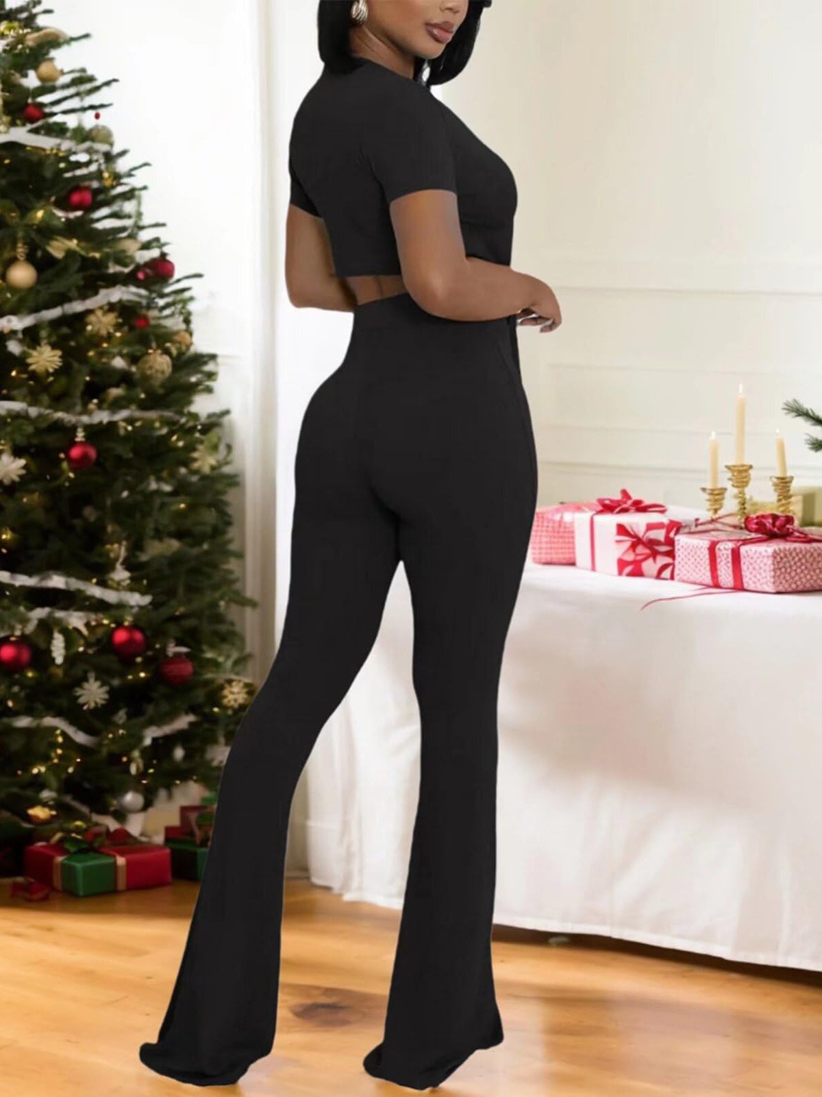 Two Piece Belted Crop Tops Wide Leg Pants Sets