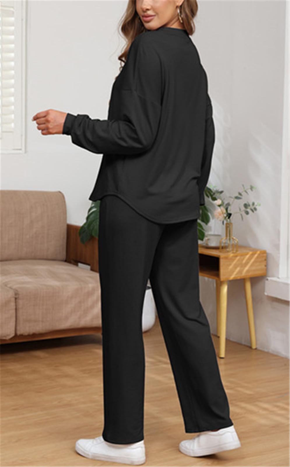 Two Piece Long Sleeve Crop Top Wide Leg Pants