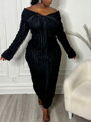Button Long Sleeve Off Shoulder Bodycon Dress
