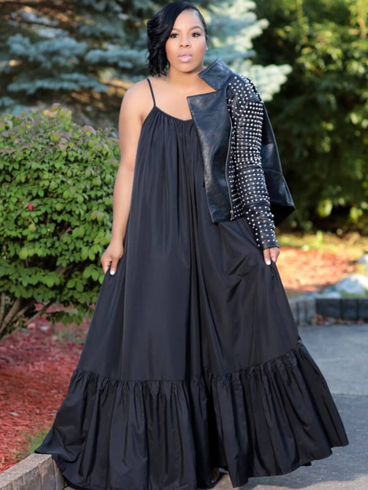 Plus Size Spaghetti Strap Ruffle Beach Maxi Swing Dress