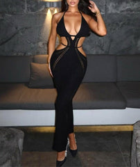 V Neck Bodycon Knitted Halter Maxi Dress