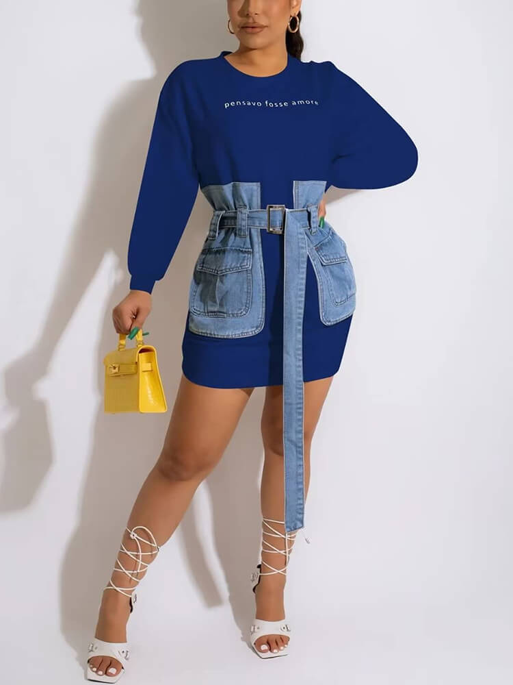 Letter Embroidery Lace-up Denim Dress