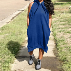 Sleeveless Hooded Midi Dress with Pocket