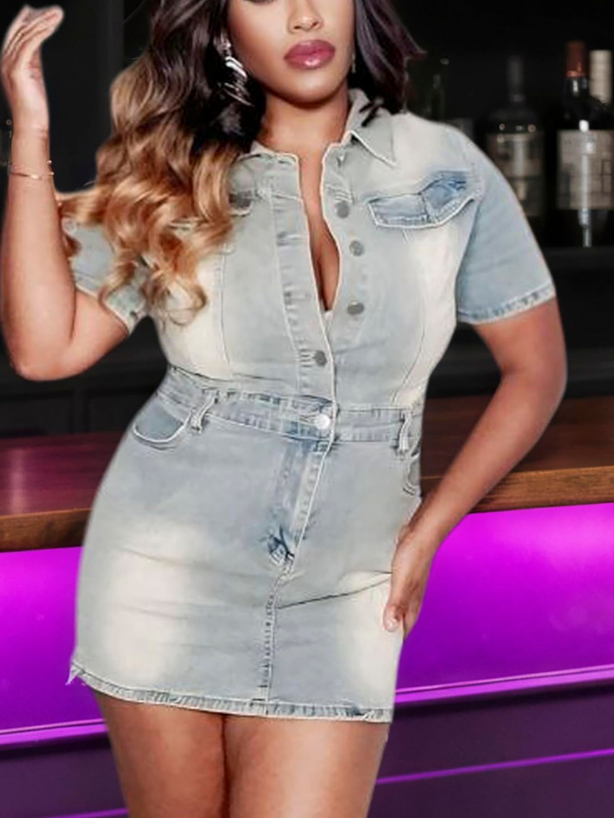 Short Sleeve Button Down Denim Mini Dress