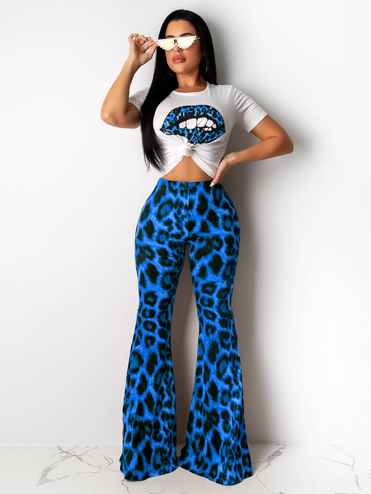 Two Piece Lips Print Top Leopard Pant Suit