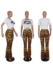 Two Piece Lips Print Top Leopard Pant Suit