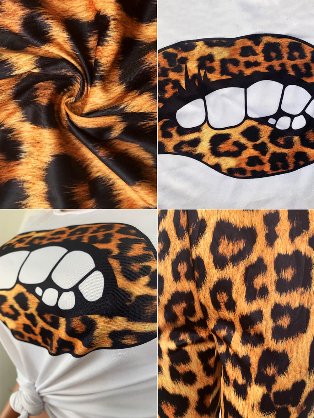 Two Piece Lips Print Top Leopard Pant Suit