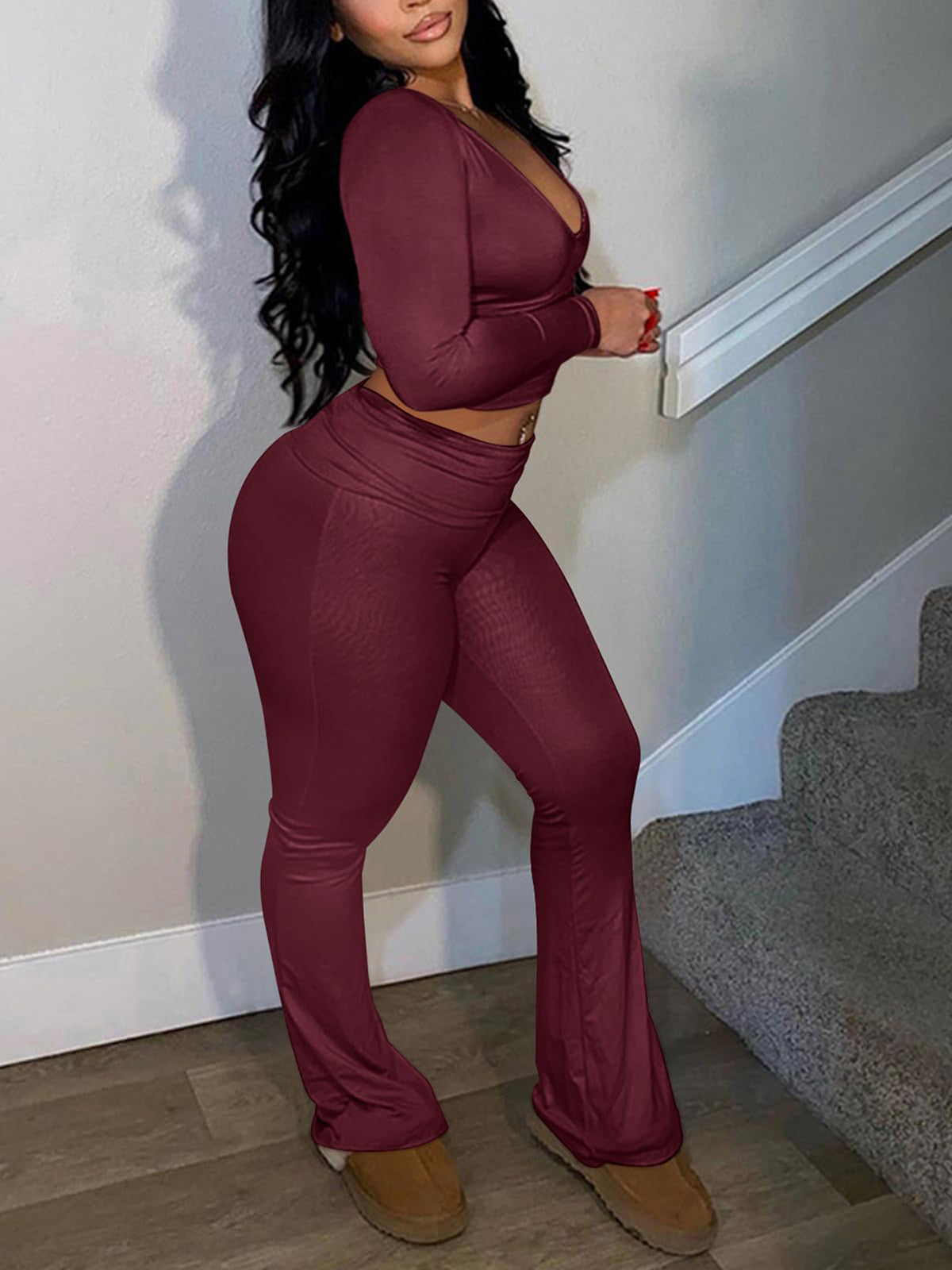 Two Piece Long Sleeve Crop Top Flare Pants Sets