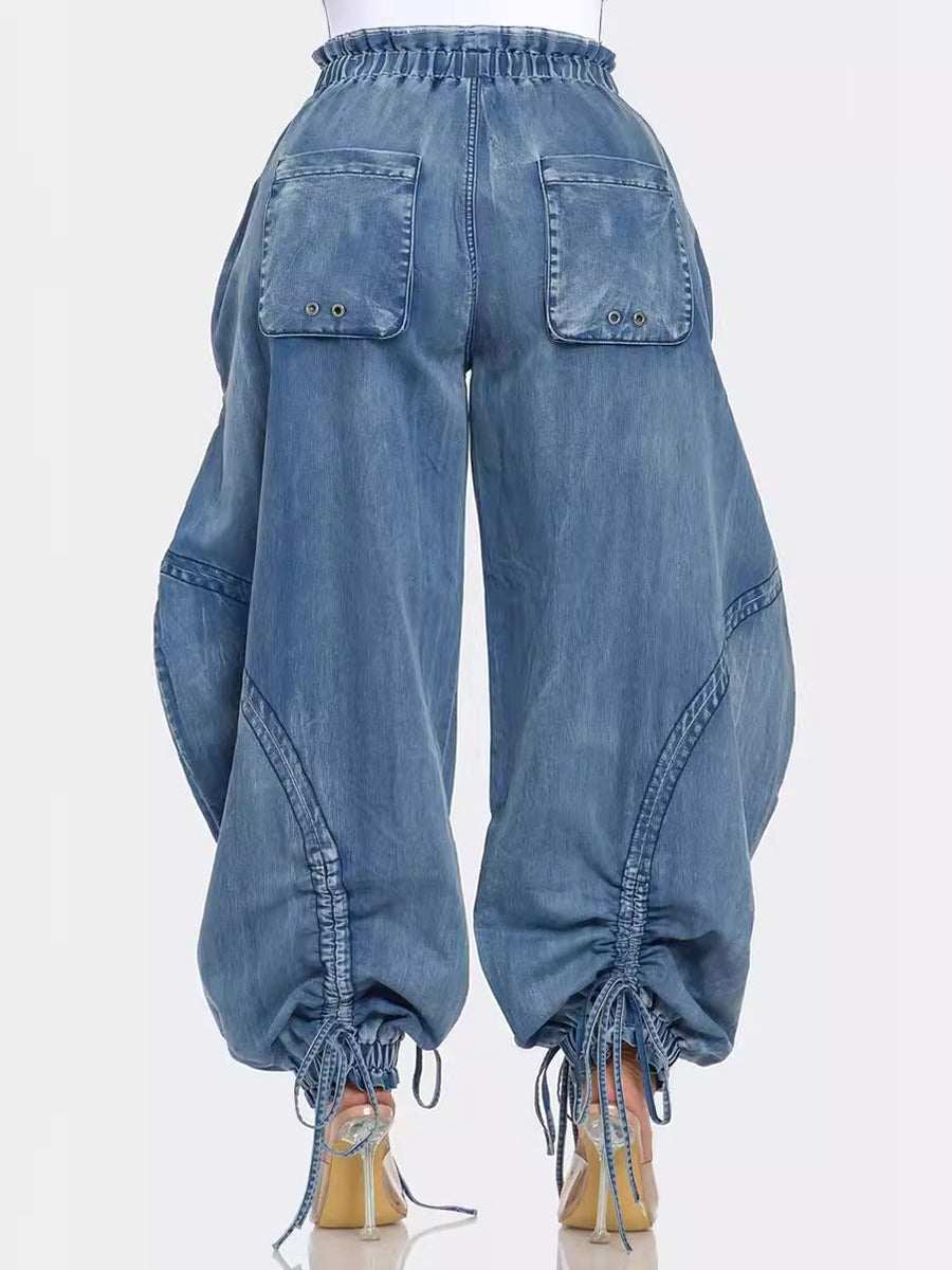 Bow Tie Elastic Waist Loose Jeans