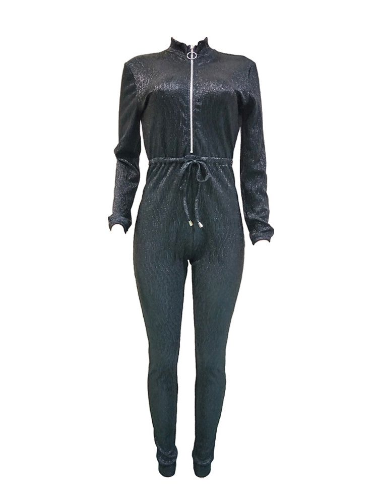 Long Sleeve Sequin Belted Jumpsuit