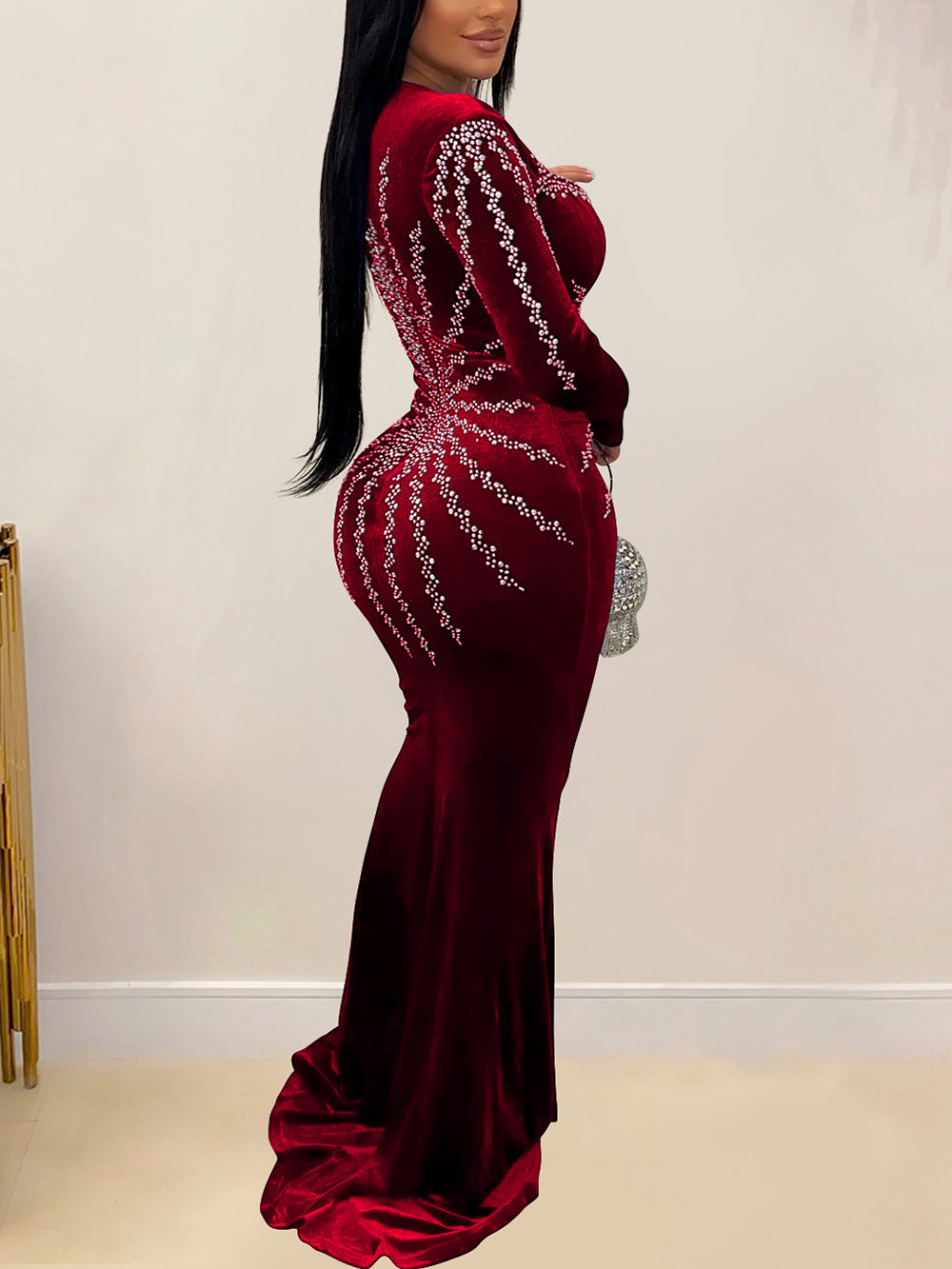 Rhinestone Velvet Mesh Maxi Dress