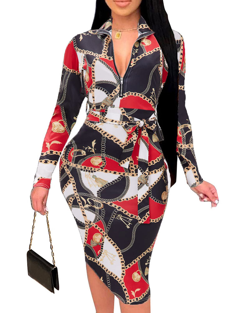 Floral Print Long Sleeve Belted Midi Dress