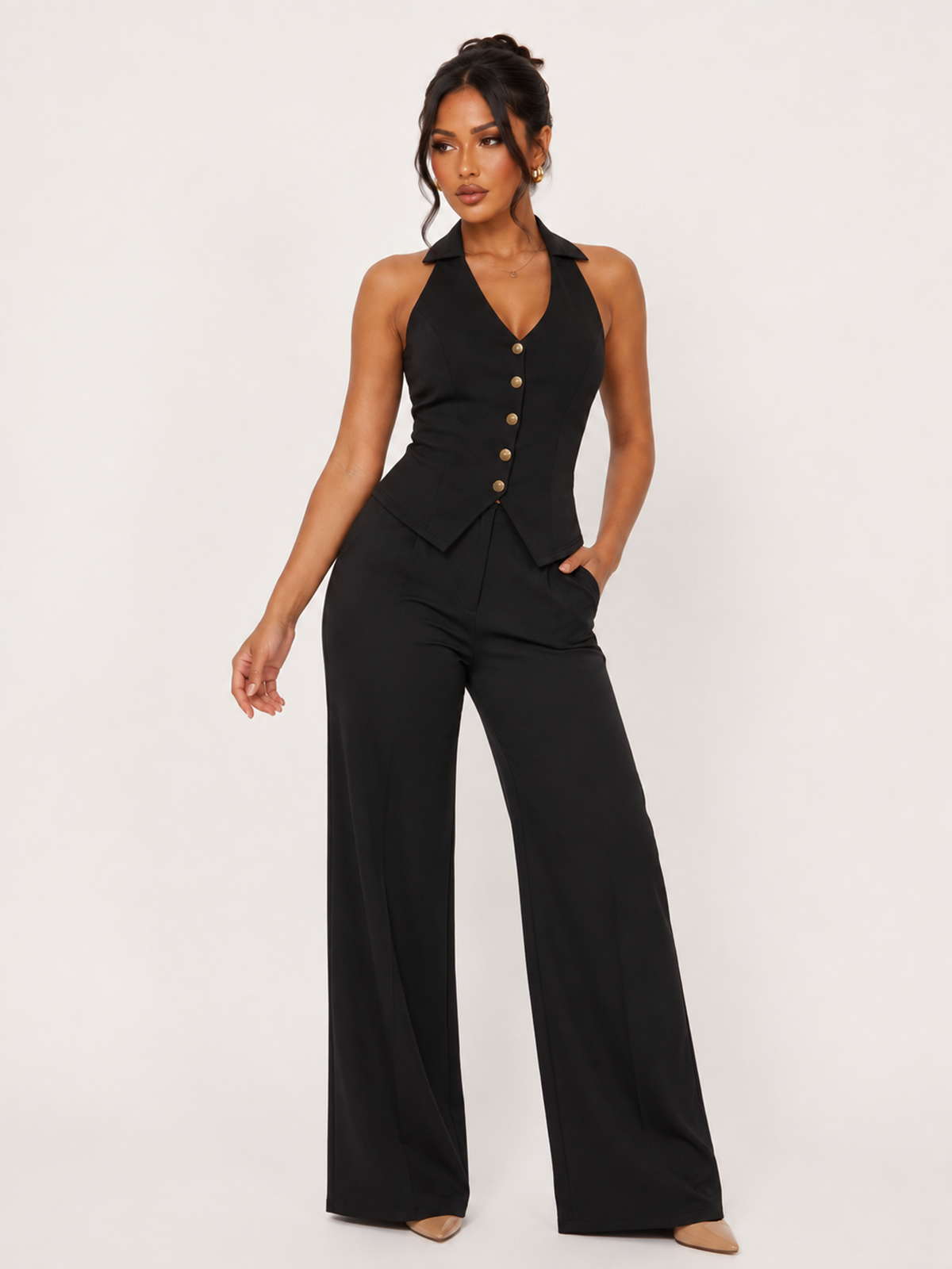 Halter Vest Wide Leg Pants Suit