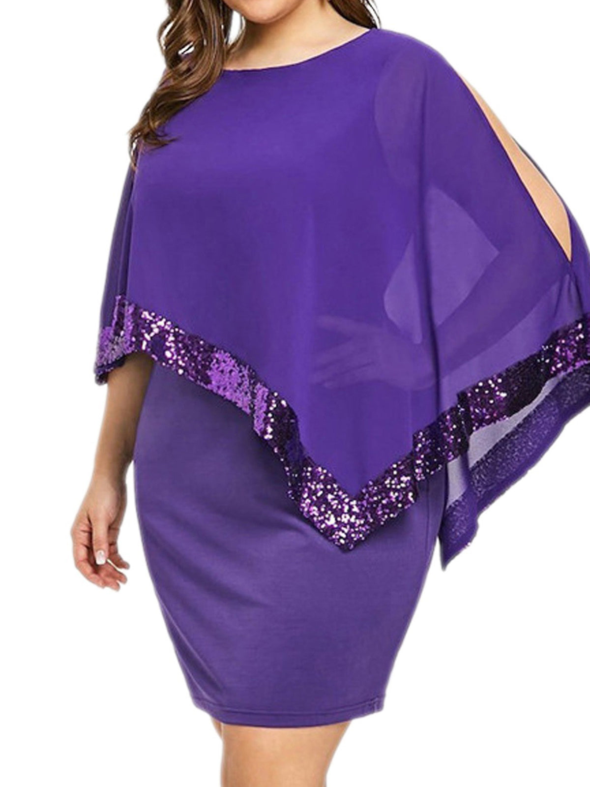 Chiffon Cape Sleeve Sequin Patchwork Dress