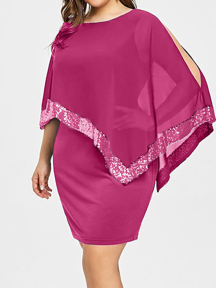 Chiffon Cape Sleeve Sequin Patchwork Dress