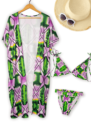 3 Piece Floral Leaf Bikini Top Swim Bottom Cover Up